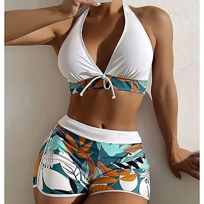 Womens Halter Neck Padded Bra Bikini Set Beachwear Boy Shorts Swimwear Swimsuit • £12.34