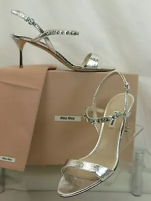 New Miu Miu Prada 5x008c Silver Cracle Leather Jeweled Strap Sandals Pumps 37.5 • $259