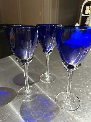 Set 3 Murano Art Glass Hand Blown Clear Ribbed Stem Tall Wine Glass BLUE 9.75” • $37.99