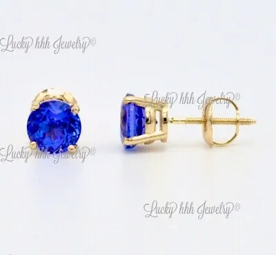 14k Yellow Gold Stud Screwback Round Tanzanite Earring AAA 2.00 Carats USA • £277.48