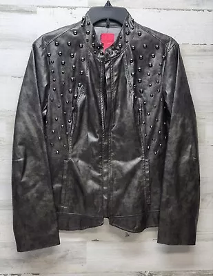 V Cristina Jacket Women Large Gray Metallic Faux Leather Studded Moto Bikercore  • $28