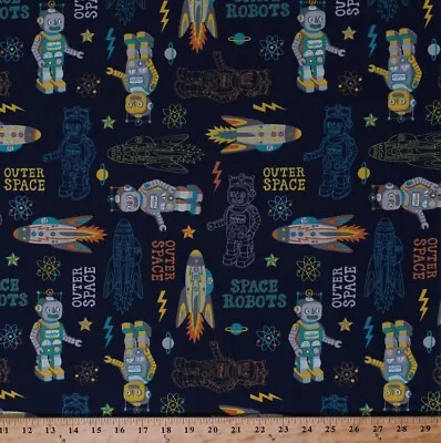 Cotton Space Robots Outer Space Planets Spaceships Fabric Print By Yard D372.18 • $11.95