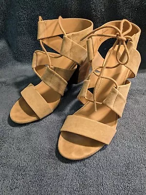 Merona  Harriet Lace Up Stacked Heel Strap Sandals Size 8.5 Taupe • $12.99