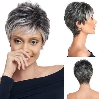 Women Gray White Hair With Black Mixed Short Wigs With Bangs For Mom Natural Wig • $16.99