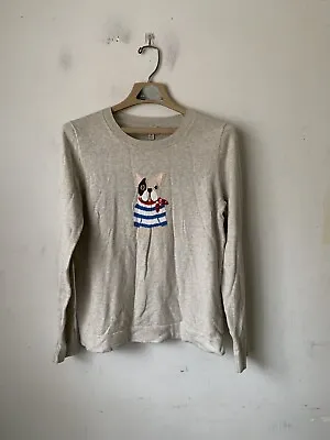 J Crew Womens Sweater M Beige Dog Bulldog Embroidered Cotton Animal Crew Neck • $32.95