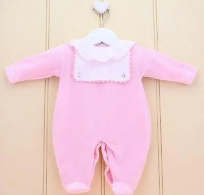 £12.95 • Buy Newborn Baby Girl Pink Rompers Spanish Velour Frill Collar Sleepsuit Girls 0-6m