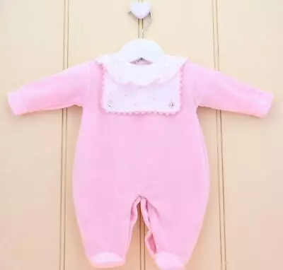 £12.95 • Buy Newborn Baby Girl Pink Rompers Spanish Velour Frill Collar Sleepsuit Girls 0-6m