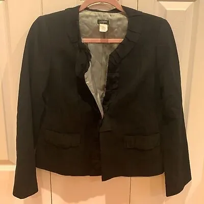 J.Crew Wool Womens Jacket Ruffle Collar Black Fully Lined Round Collar Snap-Sz 6 • $25
