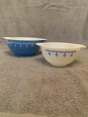 Set 2 Vintage Pyrex 441 442 Snowflake Garland Blue Cinderella Mixing Bowls • $86.97