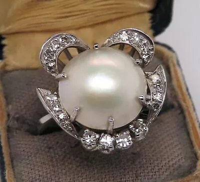 Vintage Palladium Art Deco Antique Mabe Pearl Diamond Engagement Cocktail Ring • $263.48