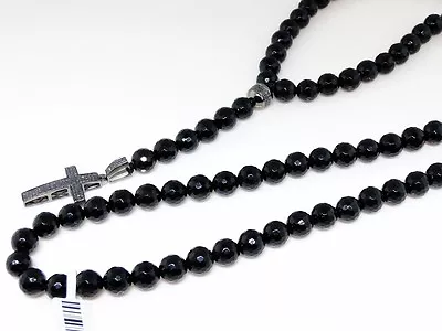 Mens Rosary Genuine Black Diamond Necklace Chain Black Onyx 32 Diamond Cross • $389.99
