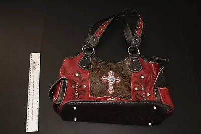 Vintage Red Handbag Purse Satchel W/Cross And Diamonds Red Black • $28