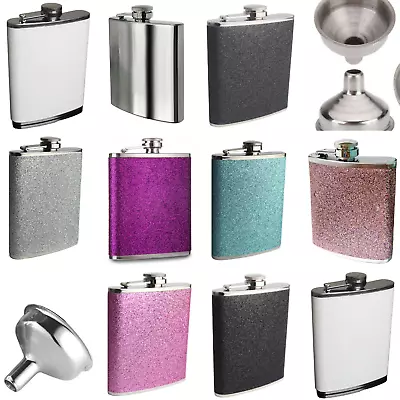 Brand New 8oz Hip Flasks Plain Glitter Stainless Steel Whisky - Various Colours • £6.99