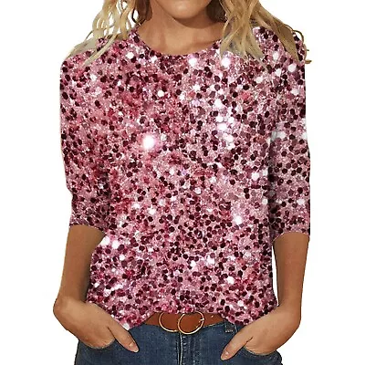 Women's Sequin Design T Shirt 3/4 Sleeve Crew Neck Casual Blouse Shirt Tops • $19.99