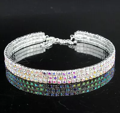 3-Row White AB Austrian Rhinestone Crystal Choker Necklace Party Silver N175AB • $9.99