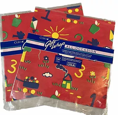 NOS Vintage Gift Wrap Sunshine Kites Summer Numbers Flower All Occasion 4 Sheets • $10.95