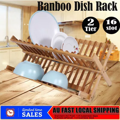 Bamboo Foldable Dish Drying Rack Plate Cup Drainer Tray Utensil Cutlery Holder • $19.98