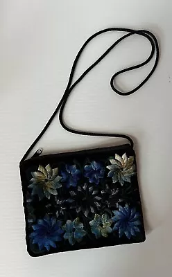 Black Velvet & Blue Flowers BOHEMIAN Small HANDBAG • $3.99