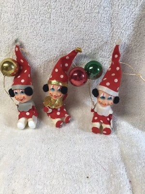 $10.99 • Buy Vintage Plastic Face/Felt Clown Pixie Christmas Ornaments Lot 3 Japan K-16