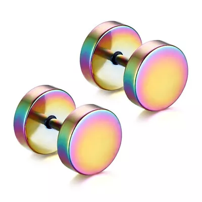 Round Rainbow Stainless Steel Fake Ear Plugs Screw Back 1mm/18g 8|10mm J400 • £4.99