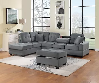 Dark Gray 3pcs Reversible Sectional Sofa Set Ottoman Living Room Tufted Couch • $1299.99