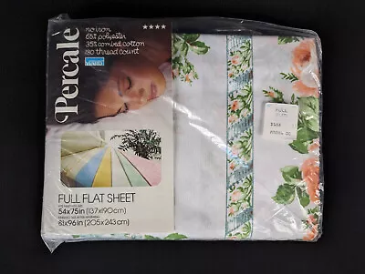 Vintage New Percale Full Flat Sheet  Pink Roses Blue White Montgomery Ward • $16.99