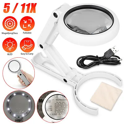 5/11X Dimmable Magnifying Glass W/Light 8LED Lamp Magnifier Foldable Stand Table • $12.98