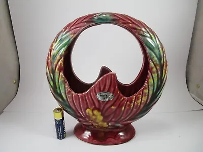 Vintage Australian Casey Ware 84/1 Maroon Green Yellow Glaze Basket Vase • $45