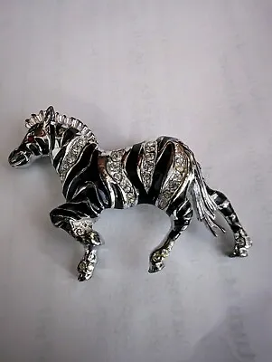 Vintage Zebra Silver Brooch Pin With Rhinestones On Enamel Complete With Pin • $24
