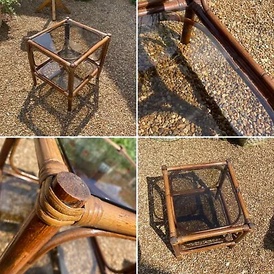 Vintage Bamboo & Smoked Glass Coffee Table Rattan Boho Interior Midcentury • £65