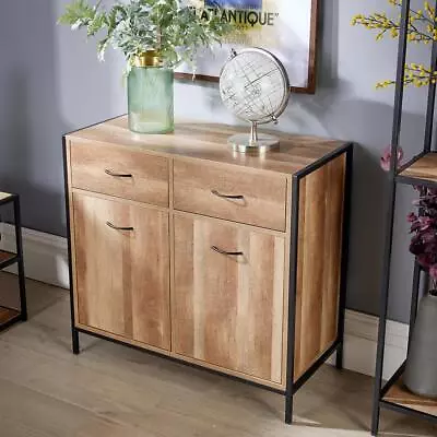 Sideboard Chest Cupboard Industrial Metal Living Room Furniture Oak Finish Unit • £89.99