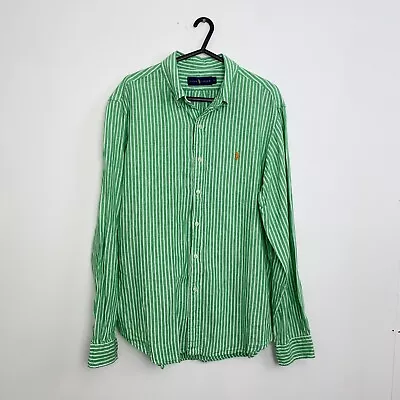 Polo Ralph Lauren Linen Shirt Long-Sleeve Mens Size L Green Striped Button-Up. • £52.99