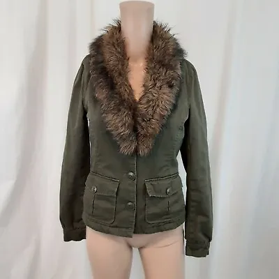 Divided H&M Military Green Size 4 Jacket Cropped Faux Fur Excellent • $21.99