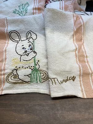 Vintage NOS 7 Days Of The Week Embroidered Kitchen Dish Towels Bunnies 18 X 24 • $9.99