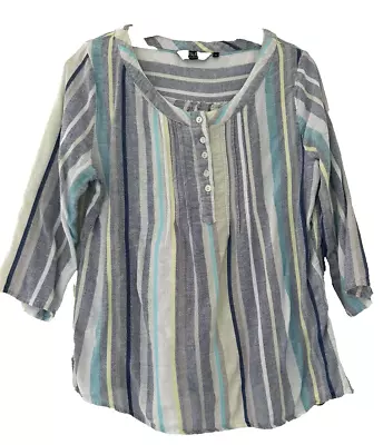 Isle. Blue Multi Stripe Distressed Look Linen/cotton Tunic Top.  Size 12 • £5.99