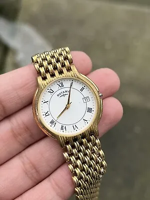 1998 Rotary Gold Tone Mesh Bracelet Roman Numerals Date Men’s Watch  • £34.99