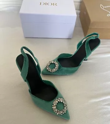 Emerald Green Velvet Embellished Slingback High Heeled Shoes Asos Wide Fit 4 37 • £35