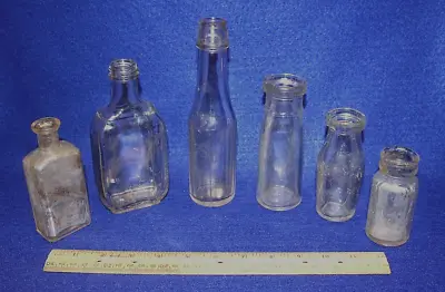 Lot Of 6 Vintage Glass Bottles - Cork And Screw Tops - Tall Bottle Is Pleated • $13.25
