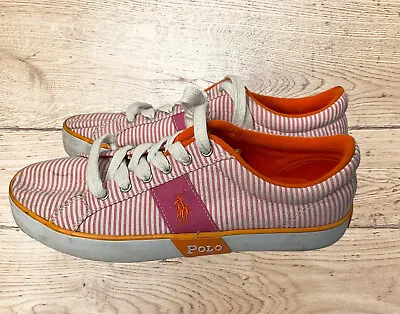 Polo Ralph Lauren Sneakers Gillian 9.5 Pink White Stripe Orange Athleisure • $20.20