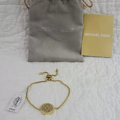 Michael Kors Monogram Logo Circle Pave Cuban Chain Yellow Gold Slider Bracelet • $39