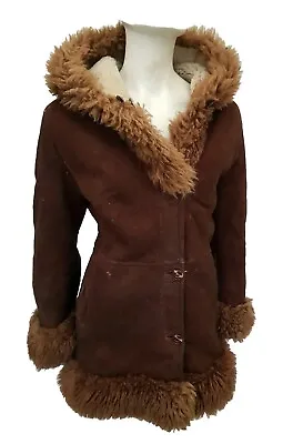 Real Sheepskin Shearling Vintage Afghan Hooded Lady's Coat Jacket Sz S  8 10 • £134.99