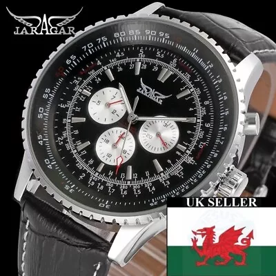 Gents JARAGAR Large Black Multi Dial Face Automatic Black Leather Strap Watch • £31.99