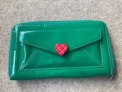 Sonia Rykiel Shiny Green Zip Wallet / Purse Red Heart Animal Print Inner • £5