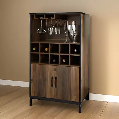 Wine Cabinet Drink Bottle Storage Unit Glass Door 10 Shelves 2 Doors Rustic Oak • £100
