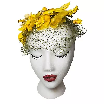 Vintage Yellow Green Velvet Millinery Flowers Floral Hat Miss Sally Victor NY • $34.73