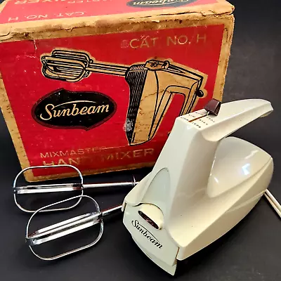 Vintage Sunbeam Mixmaster Hand Mixer Model CAT NO. H Beater With Box- Tested • $12.95