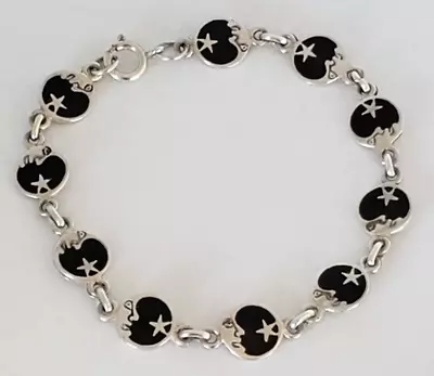 Vintage Sterling Silver Enamel Crescent Moon Face Star Link Bracelet • $27.26