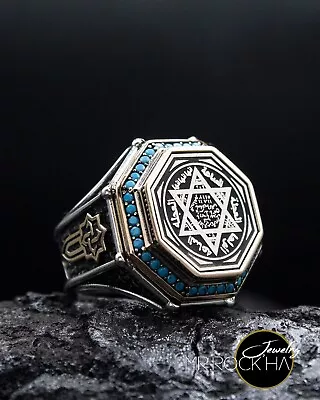 Seal Of SolomonStar Of DavidTurquoise StoneSword DesignSilver Men's Ring • £158.35