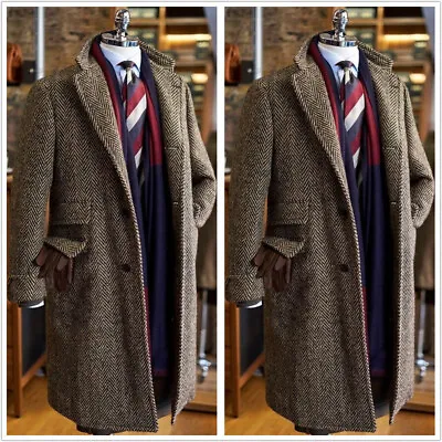 Vintage Herringbone Men's Coat Blazer Long Formal Business Groom Tailored Winter • $79.04