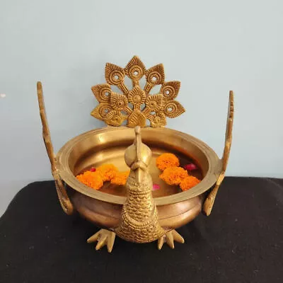 Peacock Design Brass Urli Bowl Floating Diya Flower & Candle Pot For Home Decor • $229.32